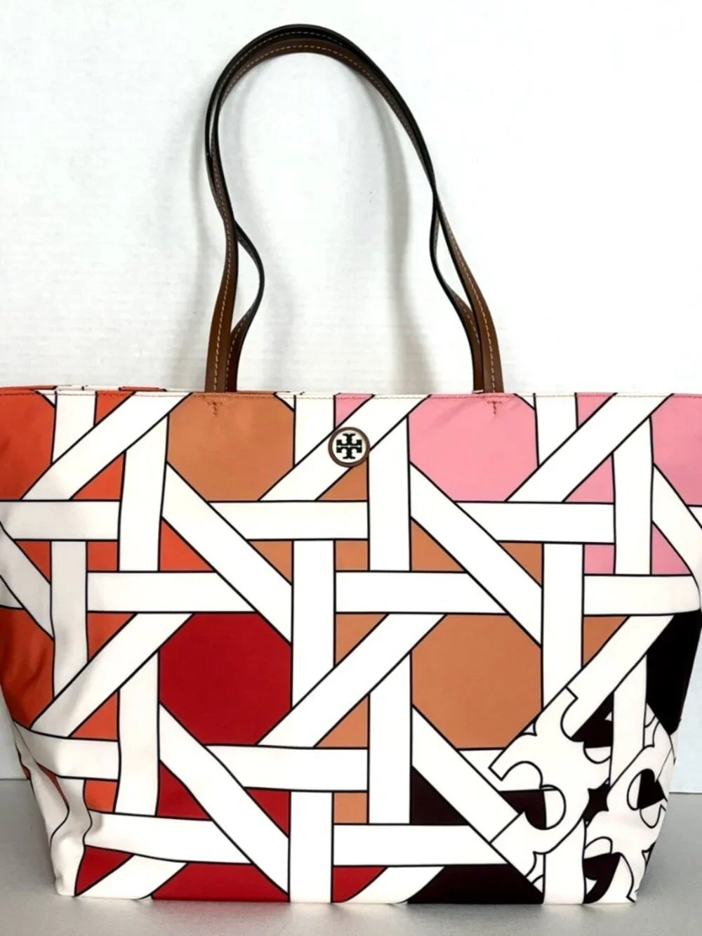 New Tory Burch Nylon Printed Tote Colorblock Pink-Red Basketweave